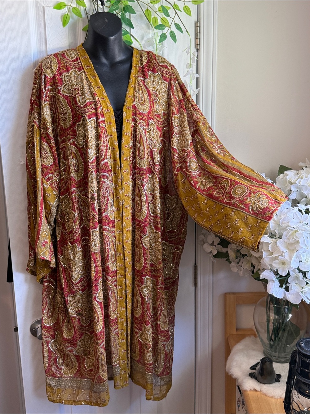 Embroidered Paisley Kimono in Red & Mustard. Lots of Shine Sparkle & Sequence